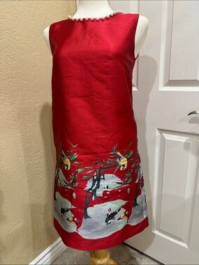 Red Sleeveless Shift Dress with Embroidered Bird Motif
